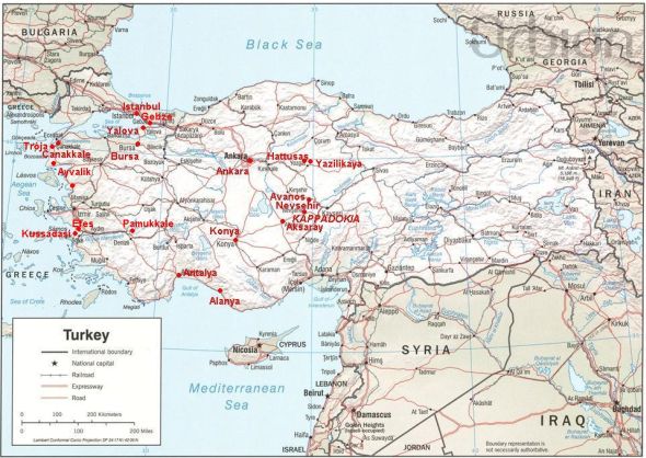 Mapa Turecka s oznaenm navtvench mst